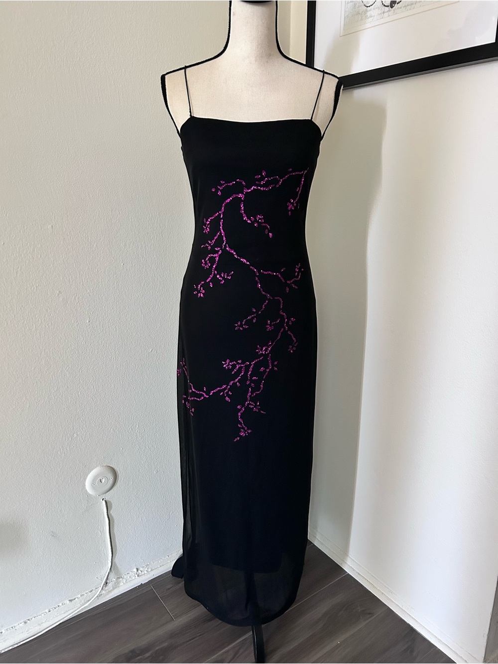Byer Too Y2K Mcbling Black Maxi dress Mesh Overlay VTG Cherry Blossom Small